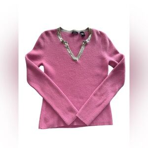 Moda International 100% Cashmere Pink Ribbed Sweater Medium Sequin Trim V-Neck